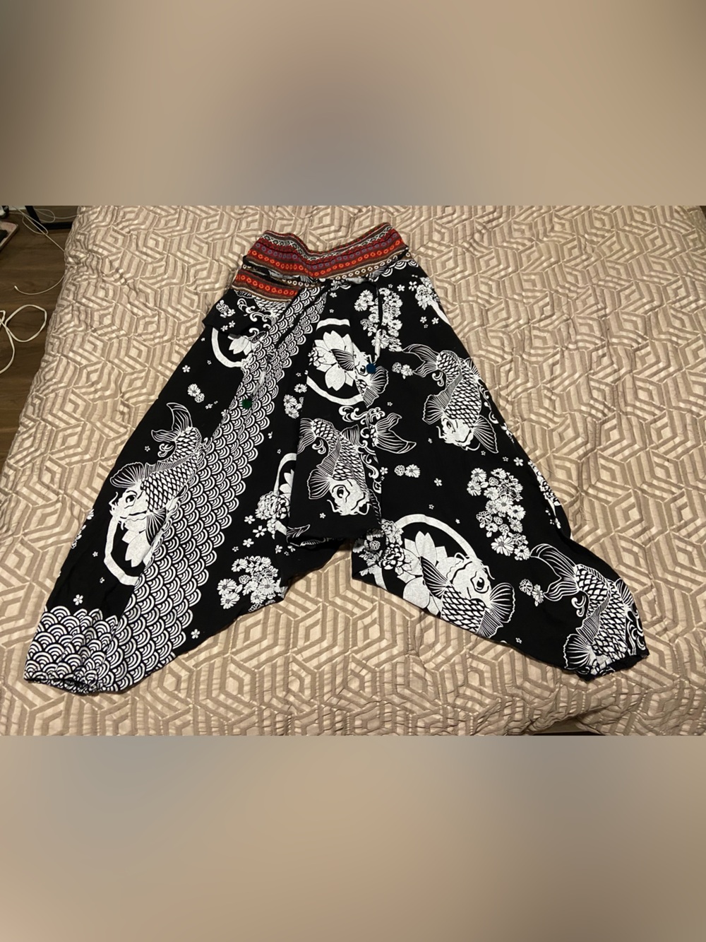 Black & White Koi Print Harem Pants with Red Waistband
